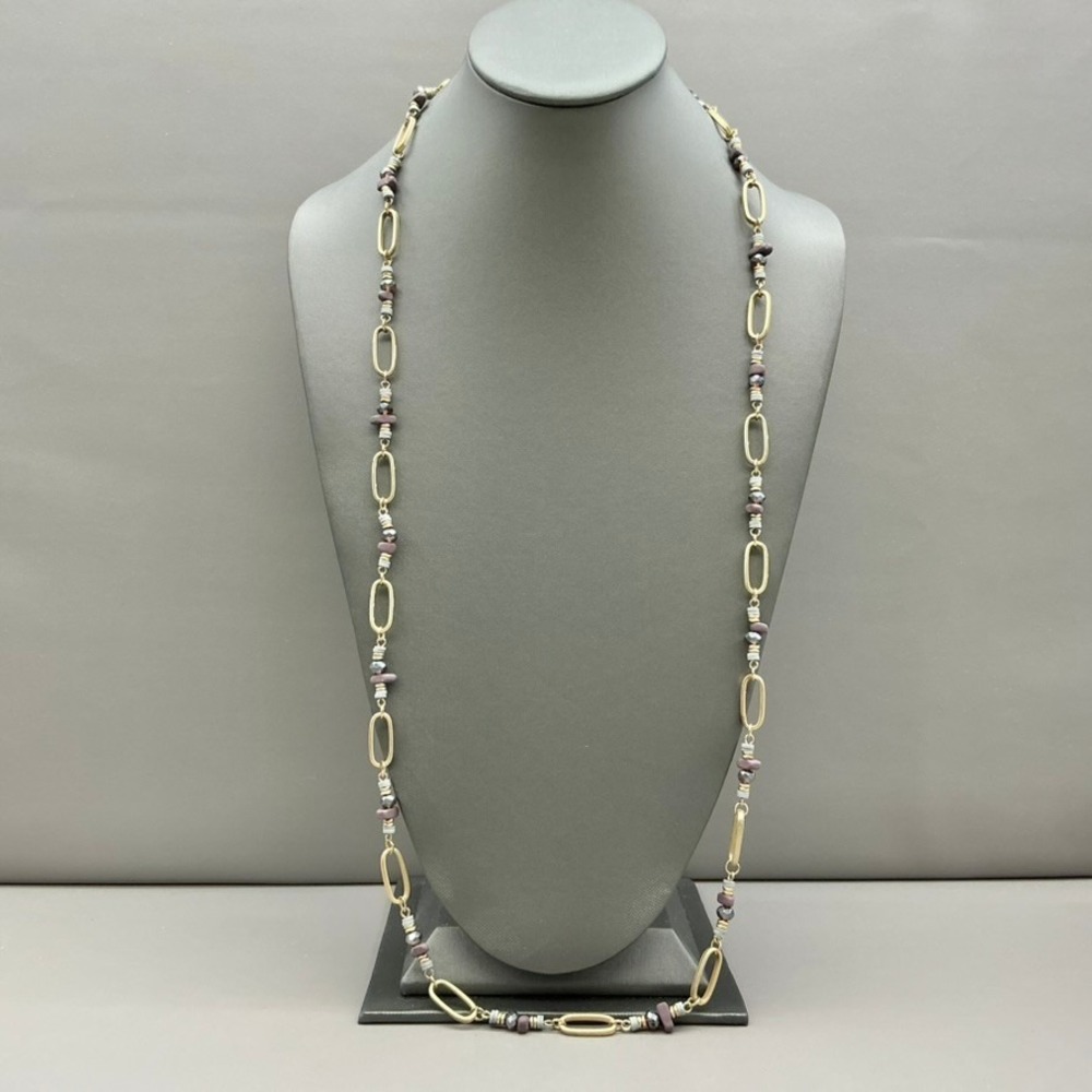 Gold Tone Paperclip Link Beaded Necklace Mauve Glass Beads Adjustable 26-28 In